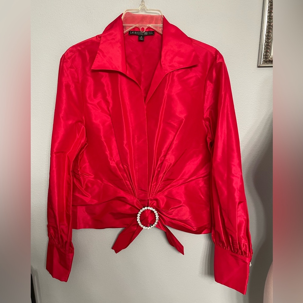Lafayette 148 New York
Silk Taffeta Red Rhinestone Brooch
Tie Front Blouse 12